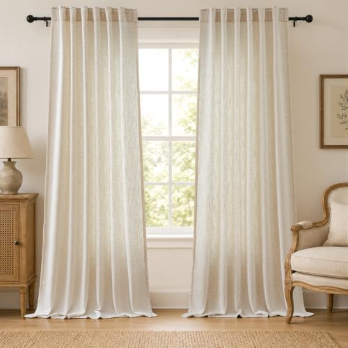 Beige Semi Sheer Light Filtering Linen Curtains 96 Inches for Living