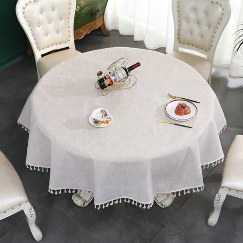 Round Table Cloths 70 inch, Linen Look with Tassels Farmhouse