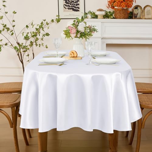 Entisn Oval Satin Tablecloth White 60x120 Inch, Lock-Stitched Edge