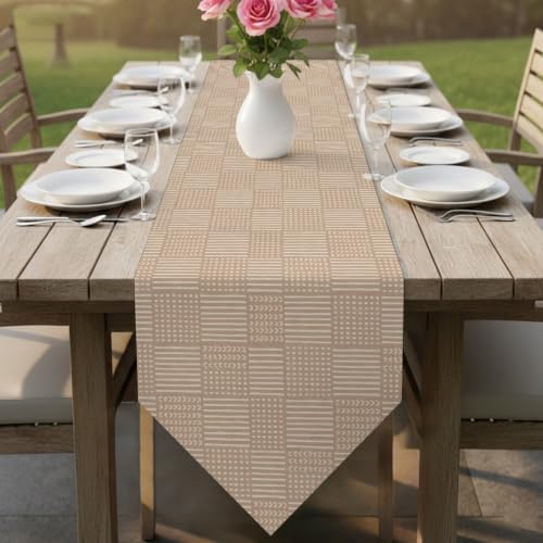 Beige Gingham Table Runner 108 inches Long Country Vintage Minimalist