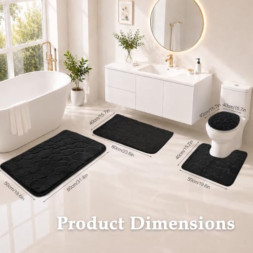 Black Memory Foam Bathroom Rugs Set 4 Piece, Ultra-Soft Velvet Memory