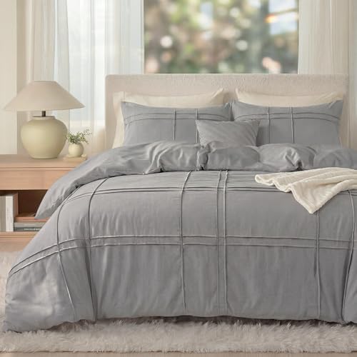 100% Cotton Beige Grey Queen Size Duvet Cover Set - 3 Pieces Pintuck
