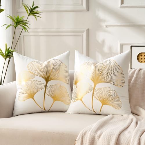 White Decorative Throw Pillow Covers Gold Line Ginkgo Cushion Covers