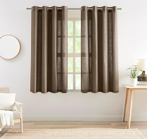 Central Park Café Brown Semi Sheer Grommet Curtain Linen Blend
