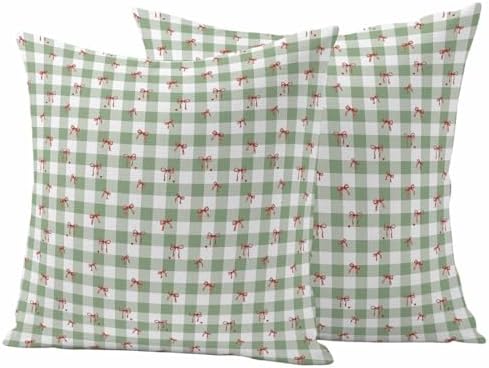 Outdoor Pillow Covers 18x18 Set of 2, Sage Green Plaid Waterproof