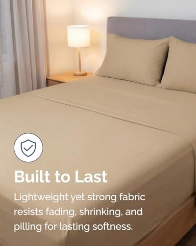 Lightweight 4 Piece Bed Sheet Set - Full Size Cooling Sheets - Wheat