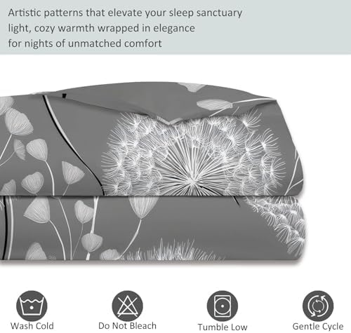 King Duvet Cover Set Plants Dandelions Branches and Leaves Grey