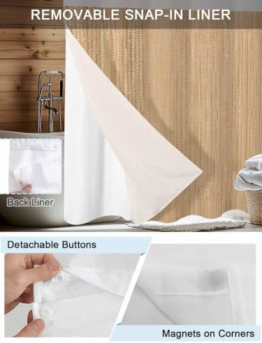 No Hook Shower Curtain, Sand Beige Long Bathtub Curtains with Snap in