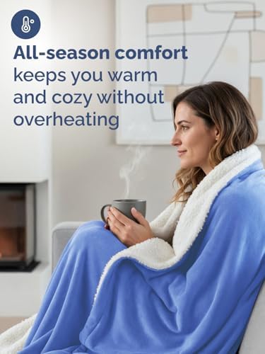 Sherpa Fleece Blanket Throw XL - Reversible Blanket - Vista Blue, 50"