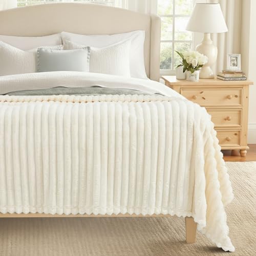 decorUhome Cream White Fleece King Blanket 108x90 Inches