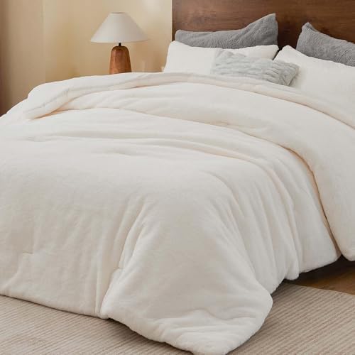 BEDELITE Faux Fur King Comforter Set Cream White,Warm Comforter for