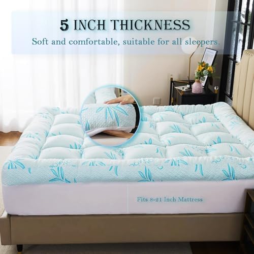 WhatsBedding 5 Inch Queen Mattress Topper Breathable Bamboo Viscose