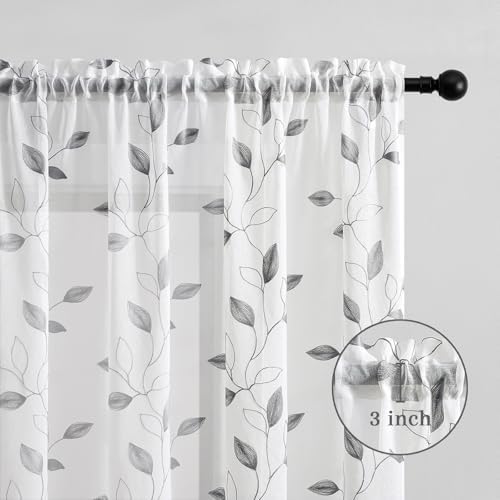 Grey on White Sheer Curtains 96 Inches Long 2 Panels for Living Room