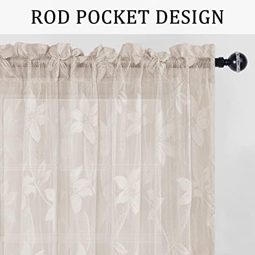 DWCN Beige Sheer Curtains - 72 inches Long Elegant Floral Lace Rod