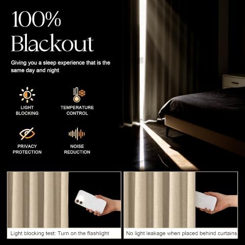 Etherealveil 100% Blackout Pinch Pleated Linen Curtains 2 Panels
