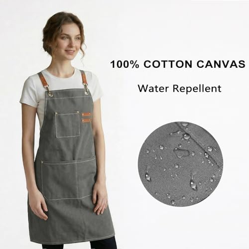 ZOMAO Chef Apron for Women Men with Large Pockets, Cotton Canvas Cross