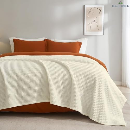 Rajlinen 100% Cotton Waffle Blanket Full, Soft Lightweight Breathable