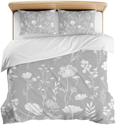 3 Pieces Bedding Set Queen Size, Grey Wildflowers Soft Duvet Covers