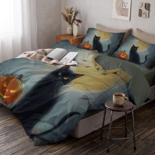 Charcoal Gray Halloween Black Cat Pumpkin Duvet Cover Set For Women
