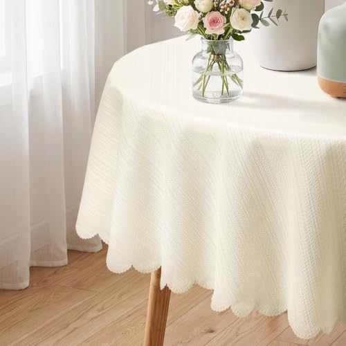 1 Pack 36 Inch Round Beige Tablecloth-Striped Pattern