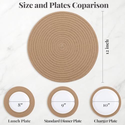 Round Woven Placemats Set of 4, Heat Resistant 12x12in Brown