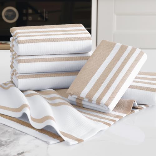 Homaxy Premium Cotton Stripe Kitchen Towels 3 Pack, 18"x 28", Khaki