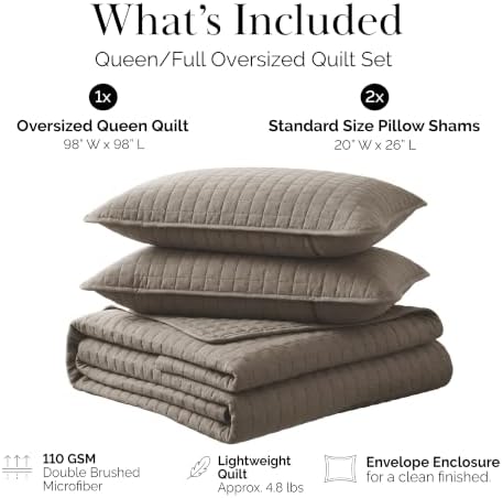 Quilts Queen Size with 2 Matching Quilted Pillow Shams, Dark Taupe