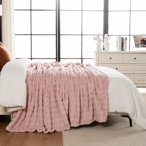 Faux Fur Bed Blankets King Size Pink, Soft Fluffy Bubble Blanket for