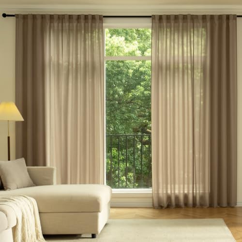 Back Tab Linen Semi Sheer Curtains, Taupe, 84 inches Long