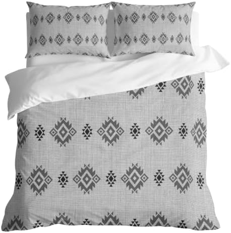 Grey Boho Duvet Cover Full Size, Western Ethnic Tribe Linen Texture