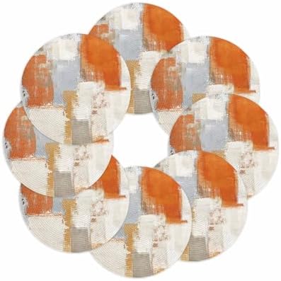 Round Placemats Set of 8 Orange Gray Beige Block Place Mats Washable