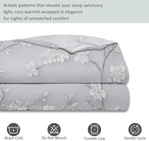 Light Gray Duvet Cover King - Ink Painting Flowers Plants Vines