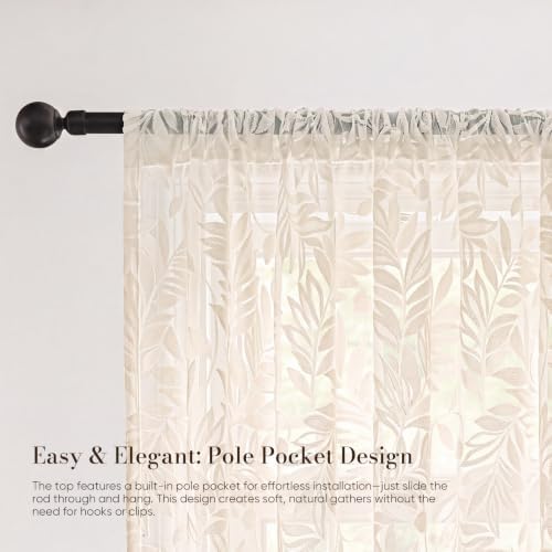 Floral Sheer Curtains Rod Pocket 72 Inches 2 Panels Beige
