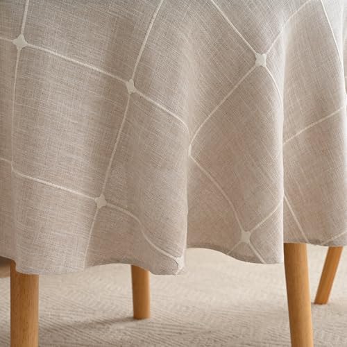 Lattice Embroidery Plaid Round Tablecloth, Round 70 Inch, Beige