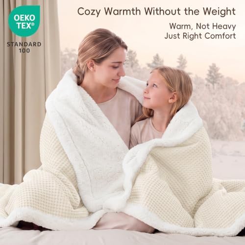 PHF Waffle Sherpa Blanket King Warm for Winter, 104"x90", Cream