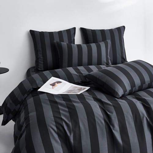 Black Dark Gray Stripe Duvet Cover Set King 100% Cotton Twill Bedding