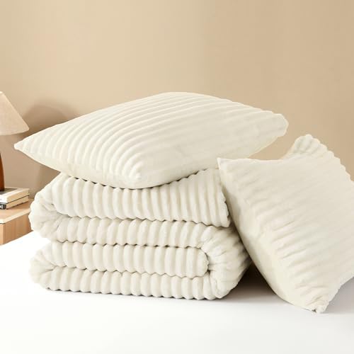 Andency Fluffy King Size Comforter Set, Cream Fleece Faux Fur Bedding