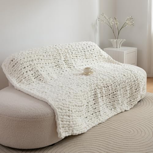 Chunky Knit Blanket Throw for Couch 50"×60" Cream