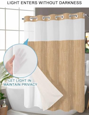 No Hook Shower Curtain, Sand Beige Long Bathtub Curtains with Snap in