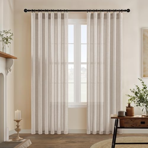 Neutral Beige Linen Curtains 84 Inch Length 2 Panels Semi Sheer