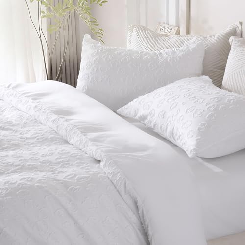 White Leopard Textured Tufted Duvet Cover Set King Size, 3 Pcs Ultra