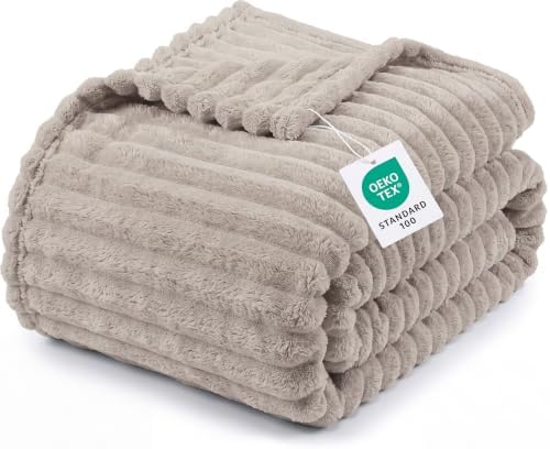 Utopia Bedding Fluffy Striped Fleece Blanket Linen King, 90x102 Inches
