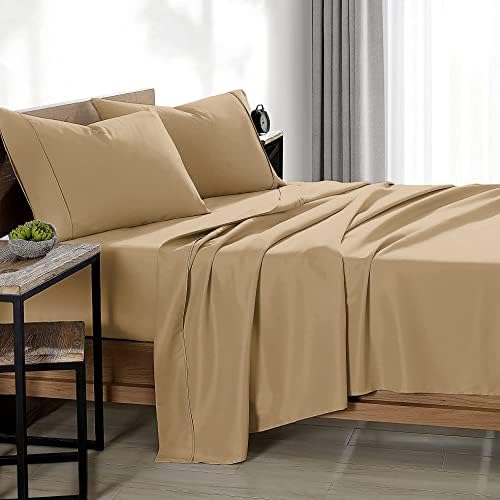PURE ECO Natural Cotton- 4 Pieces Twin Size Beige Color Sheet Set