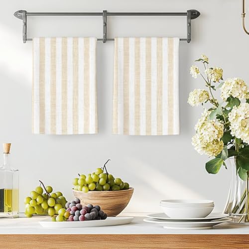 Beige Striped Kitchen Towels Set of 3, Absorbent Dish Towels for