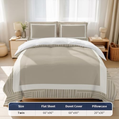White Frame Twin Size 4 Piece Duvet Cover Set, Minimalist Sand Border