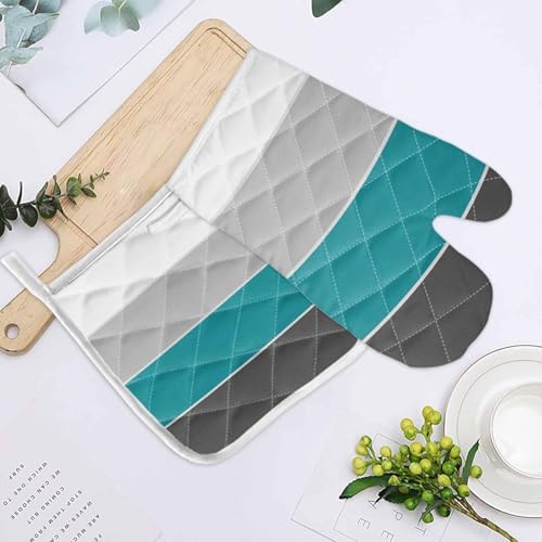 Oven Mitts and Pot Holder Set for Kitchen, Dark Cyan Gray White Simple
