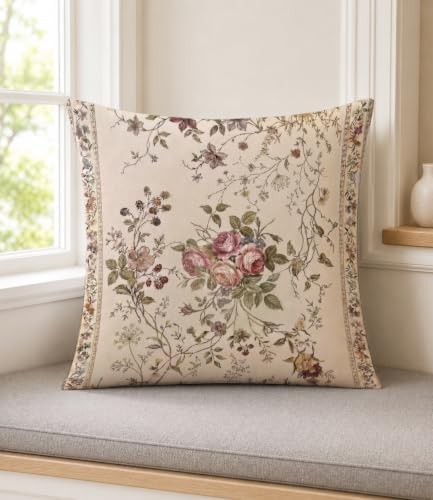 Vintage Rose Pillow Cover 18x18, French Country Botanical Print