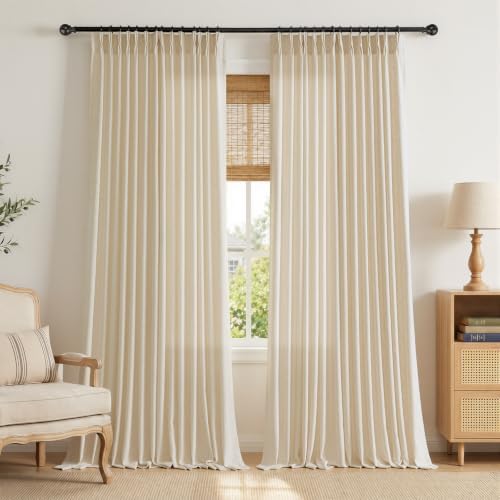 Semi Sheer Pinch Pleated Linen Curtains for Living Room 96 Inches
