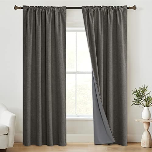 StangH Grey 100% Blackout Curtains 84 Inch Faux Linen Drapes, 2 Panels