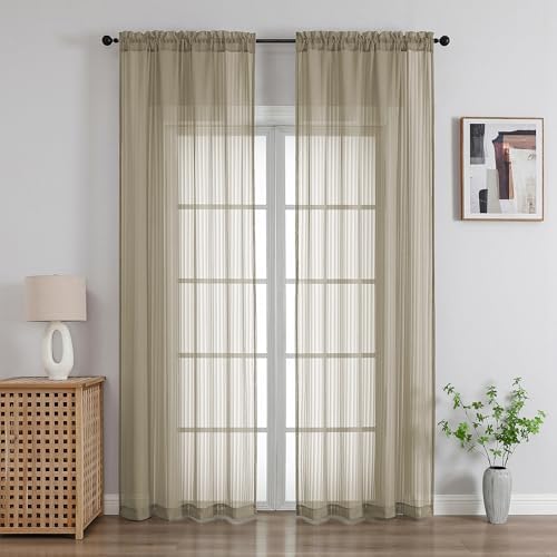 OWENIE Taupe Sheer Curtains - 96 Inches Long 2 Panels Set for Living